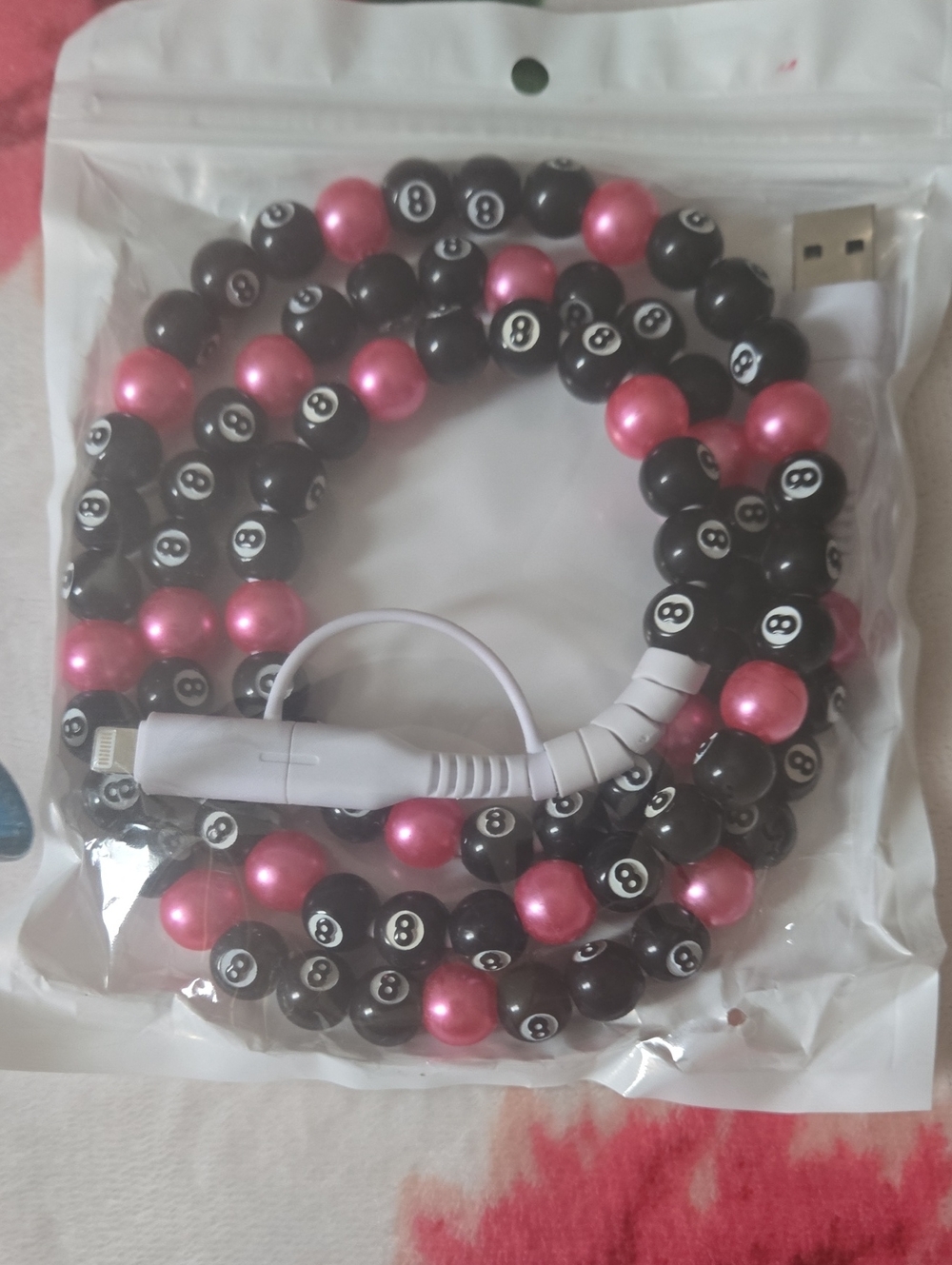 Pink & Black Beaded Eight Ball USB 3 In 1 Charging Cable - Phone Accessory